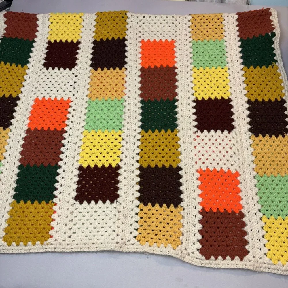 VTG Hand Crocheted Granny Square Sofa Throw Roseanne Style White Trim 76”x45”